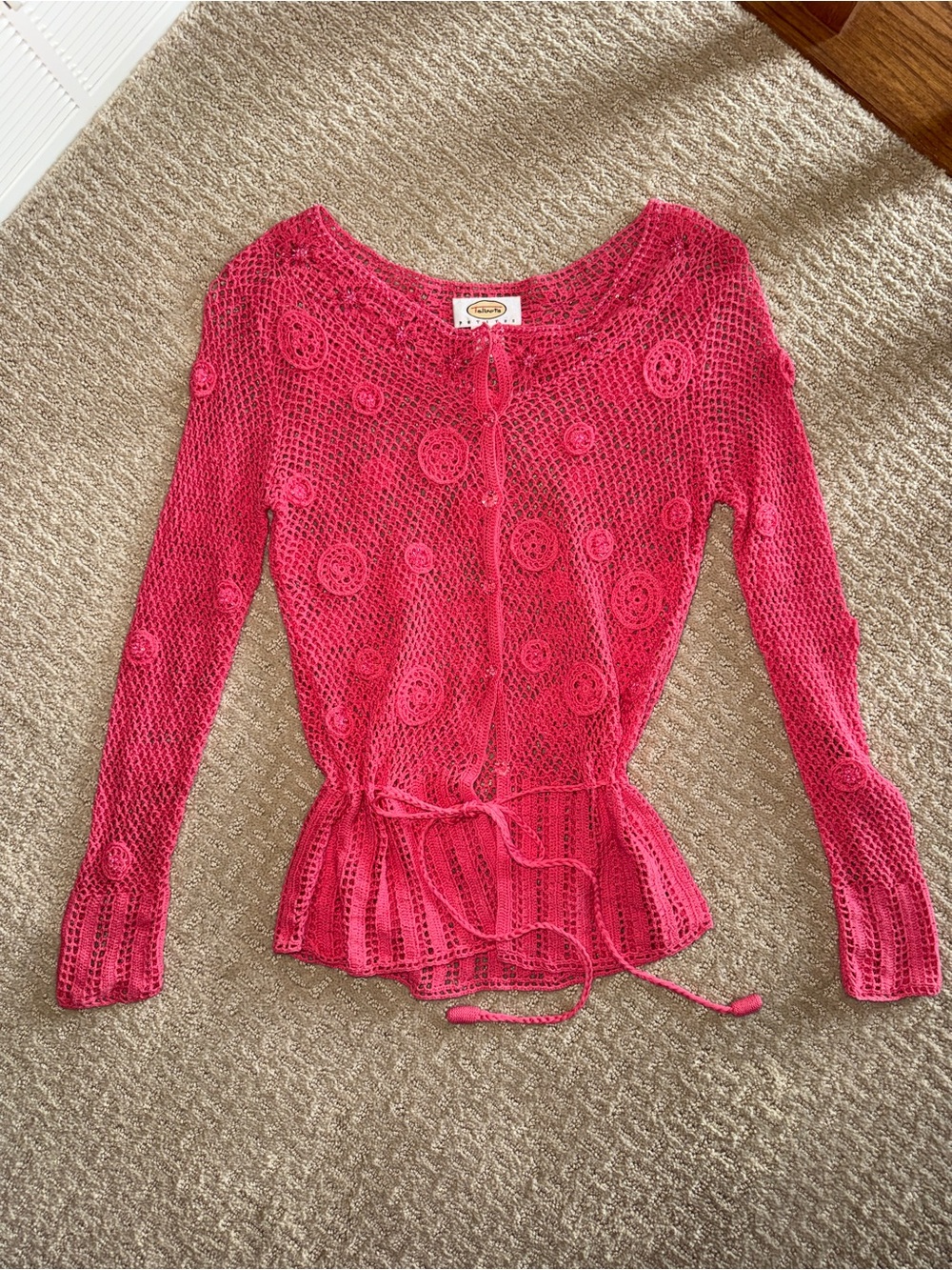 Pink Crochet Drawstring Button-Up Sweater